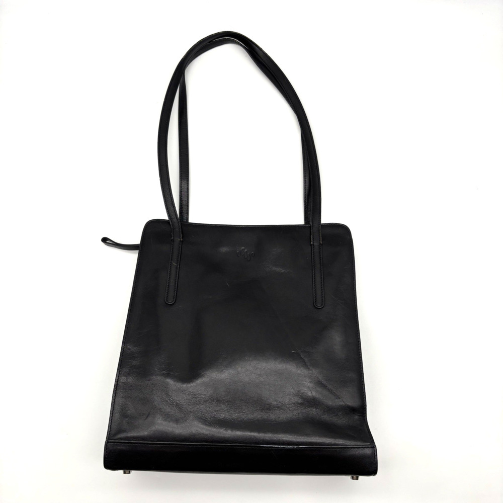 Vintage Monsac Original Black Gloss Leather Double Strap Shoulder Bag 10x10.5"